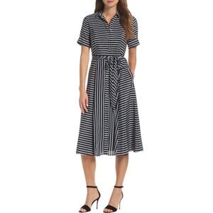 J.Crew Collection 100% Silk Striped Shirt Dress Sz 4 Navy White Midi Belted NWT